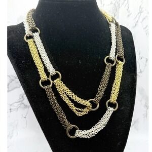 Pierre Lang Multi Strand Chain Necklace Mixed Metal Toggle 36" Statement